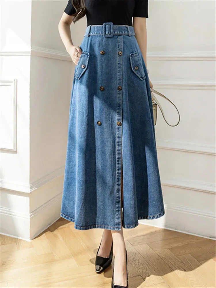 2024 Women's Long Skirt With High Wasit Double Breasted Umbrella Jeans Female Skirt