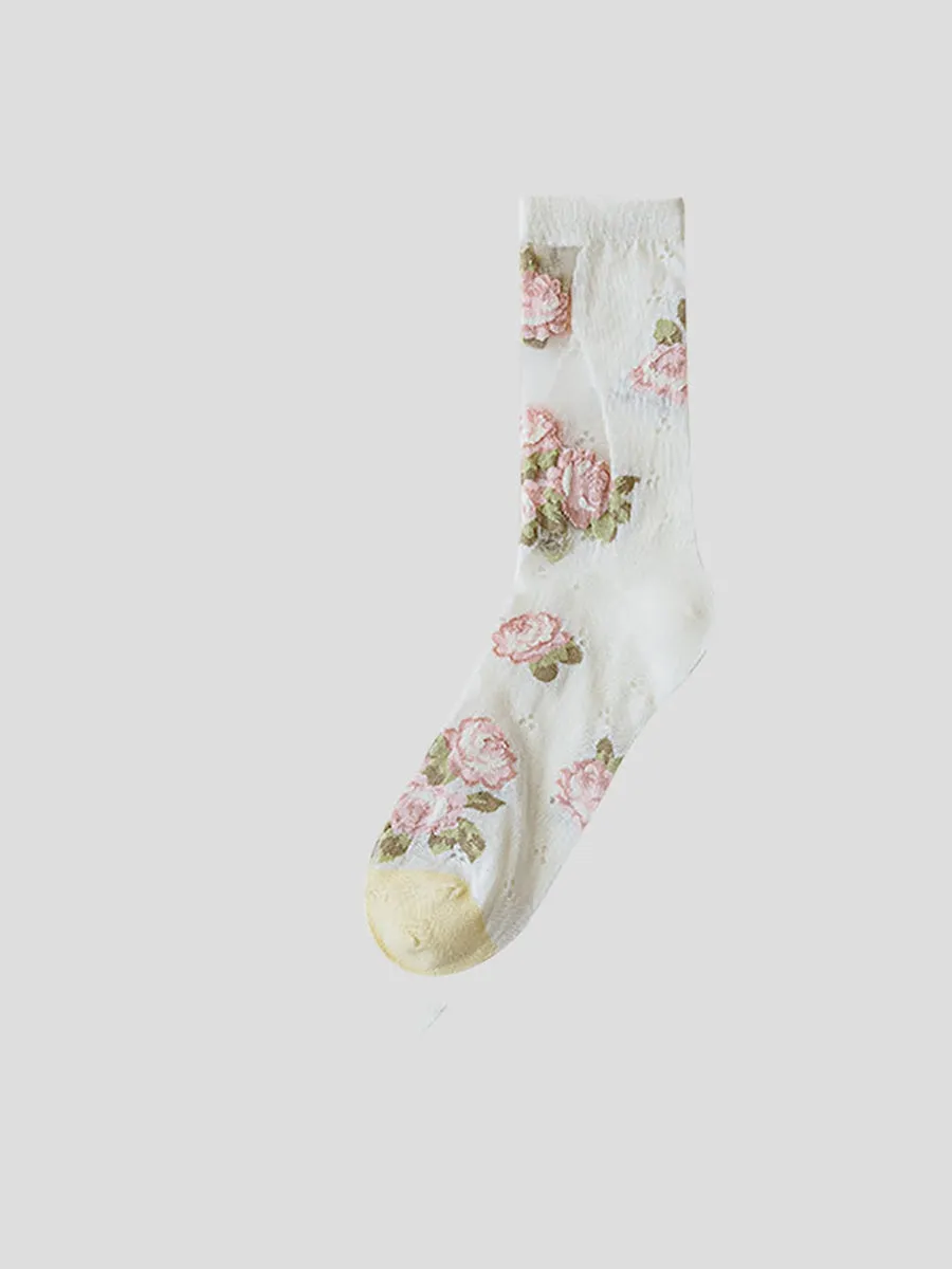 3 Pairs Women Elegant Flower Lace Spliced Thin Socks BN1032