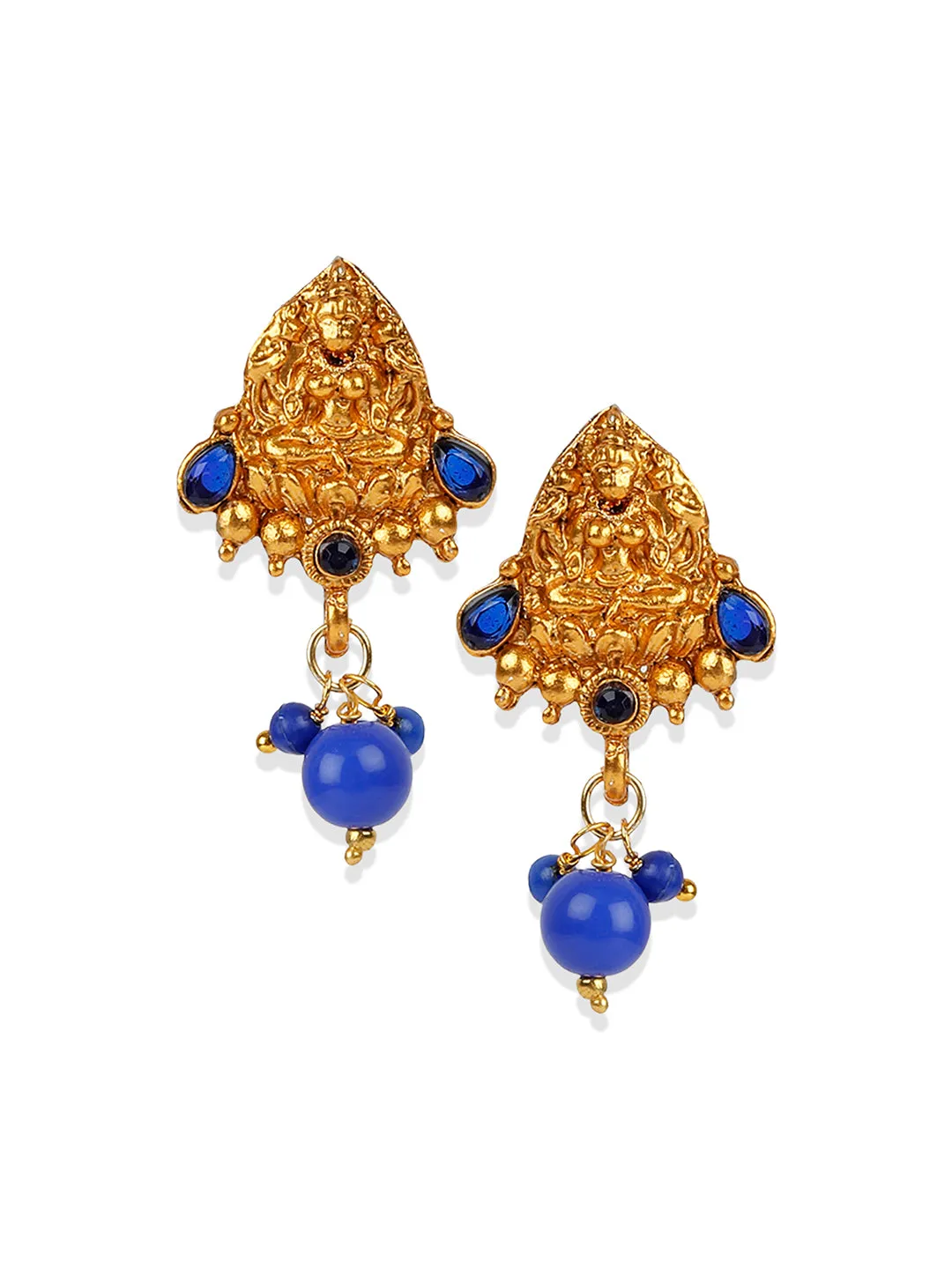 Antique Matte Gold Finish Blue Stone Studded Temple Jewellery Set - Anikas Creation