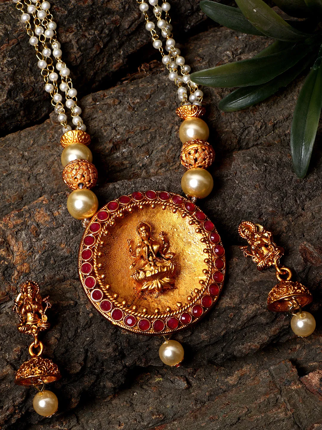 Antique Matte Gold Finish Goddess Laxmi Maroon Stone Studded Temple Jewellery Set - Anikas Creation