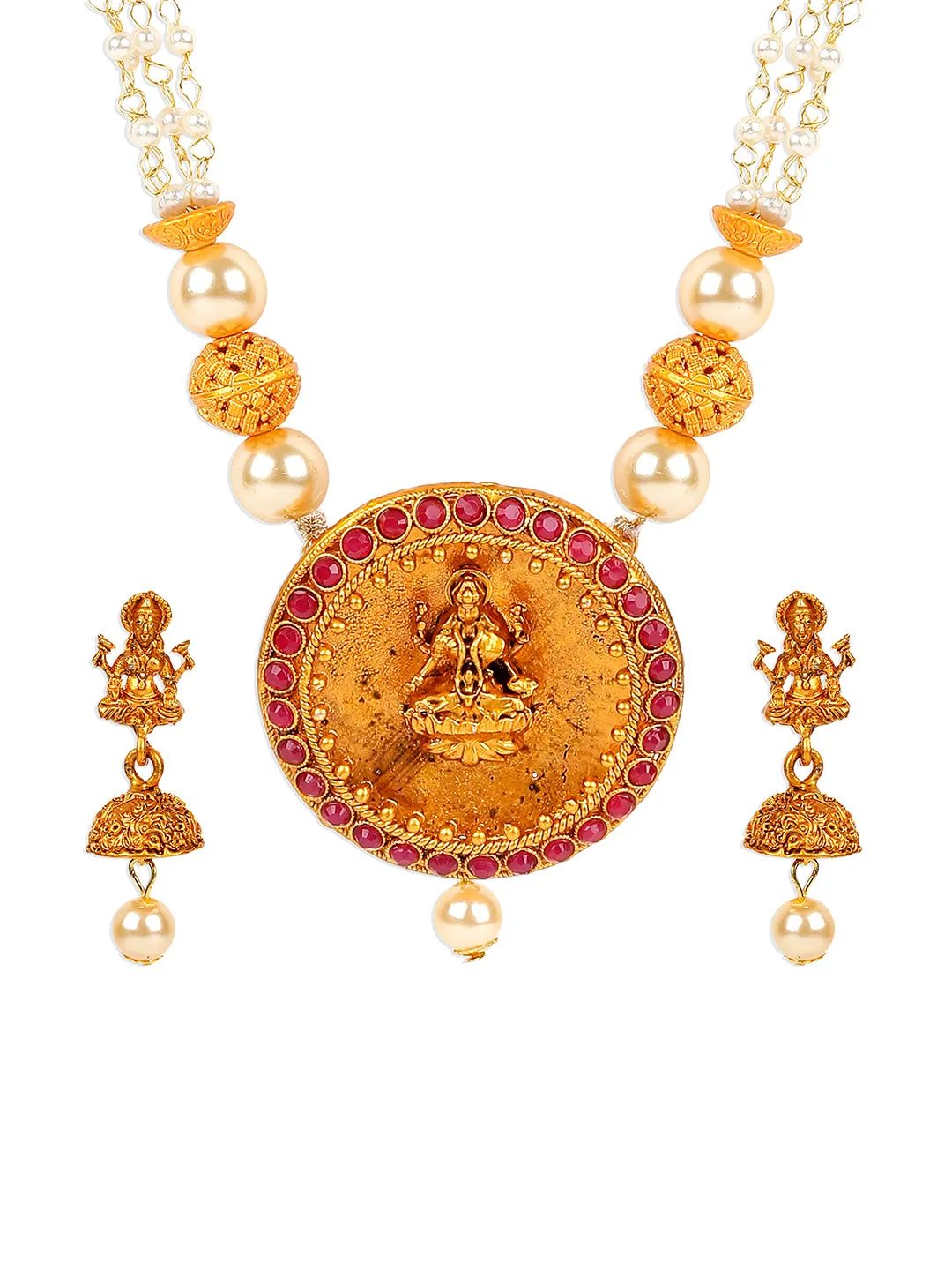 Antique Matte Gold Finish Goddess Laxmi Maroon Stone Studded Temple Jewellery Set - Anikas Creation