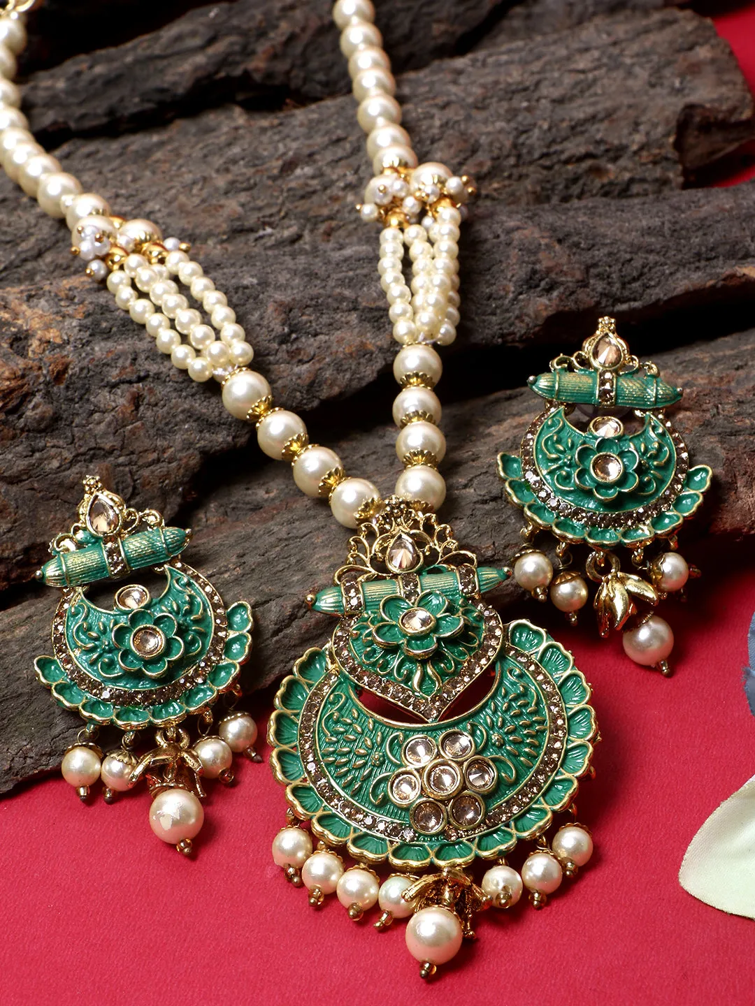 Antique Matte Gold Finish Meenakari Pearl Jewellery - Anikas Creation