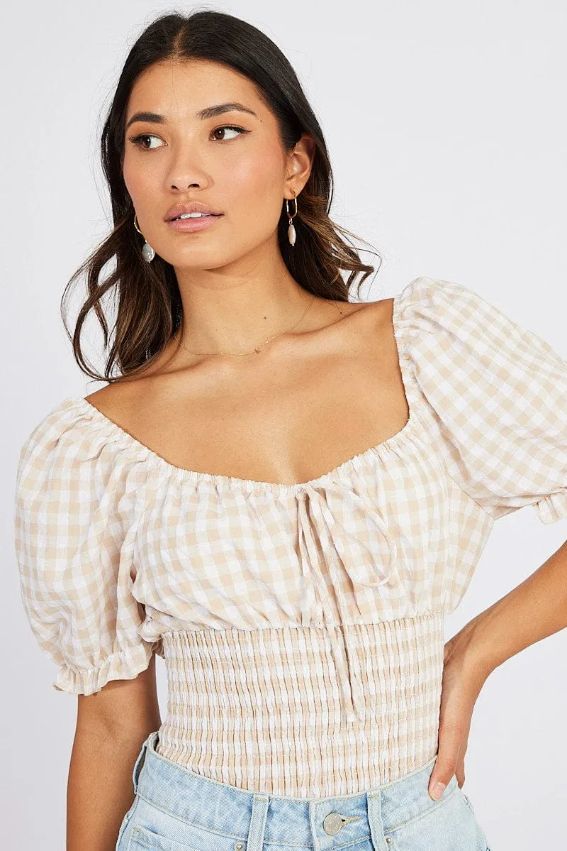 Beige Check Bodysuit Short Sleeve