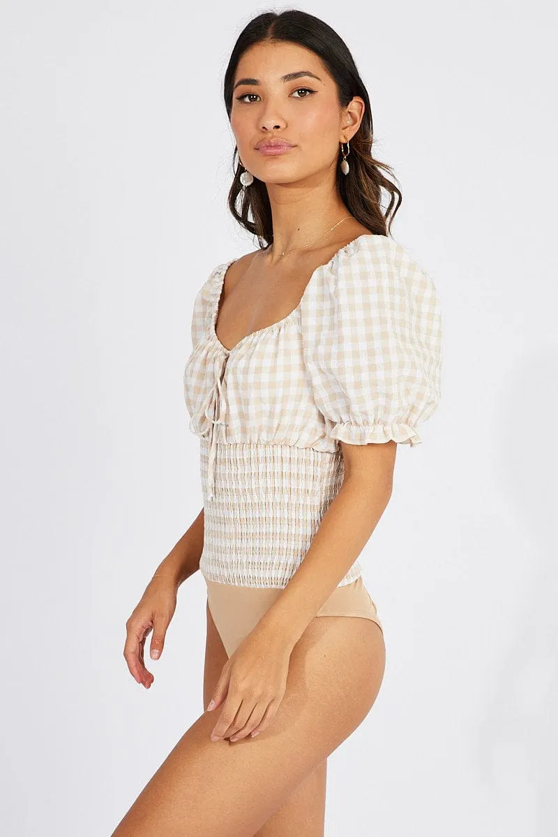 Beige Check Bodysuit Short Sleeve