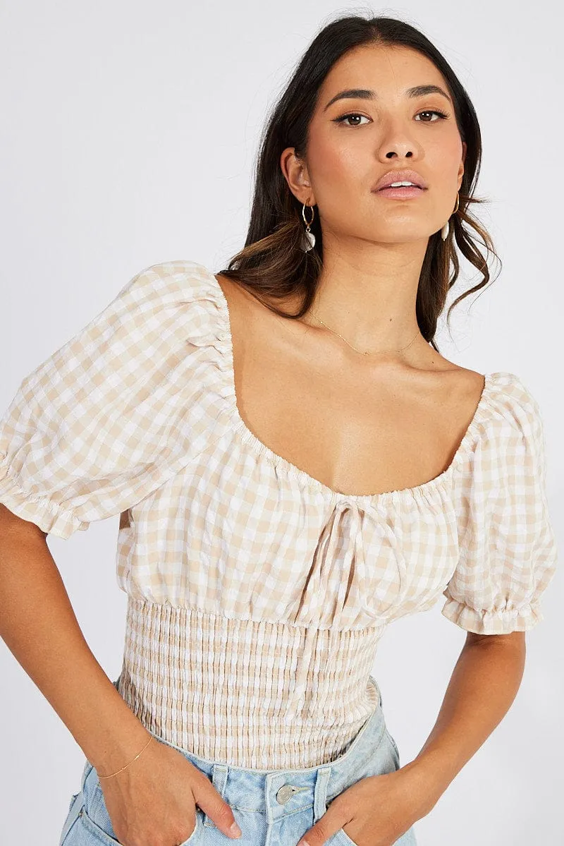 Beige Check Bodysuit Short Sleeve