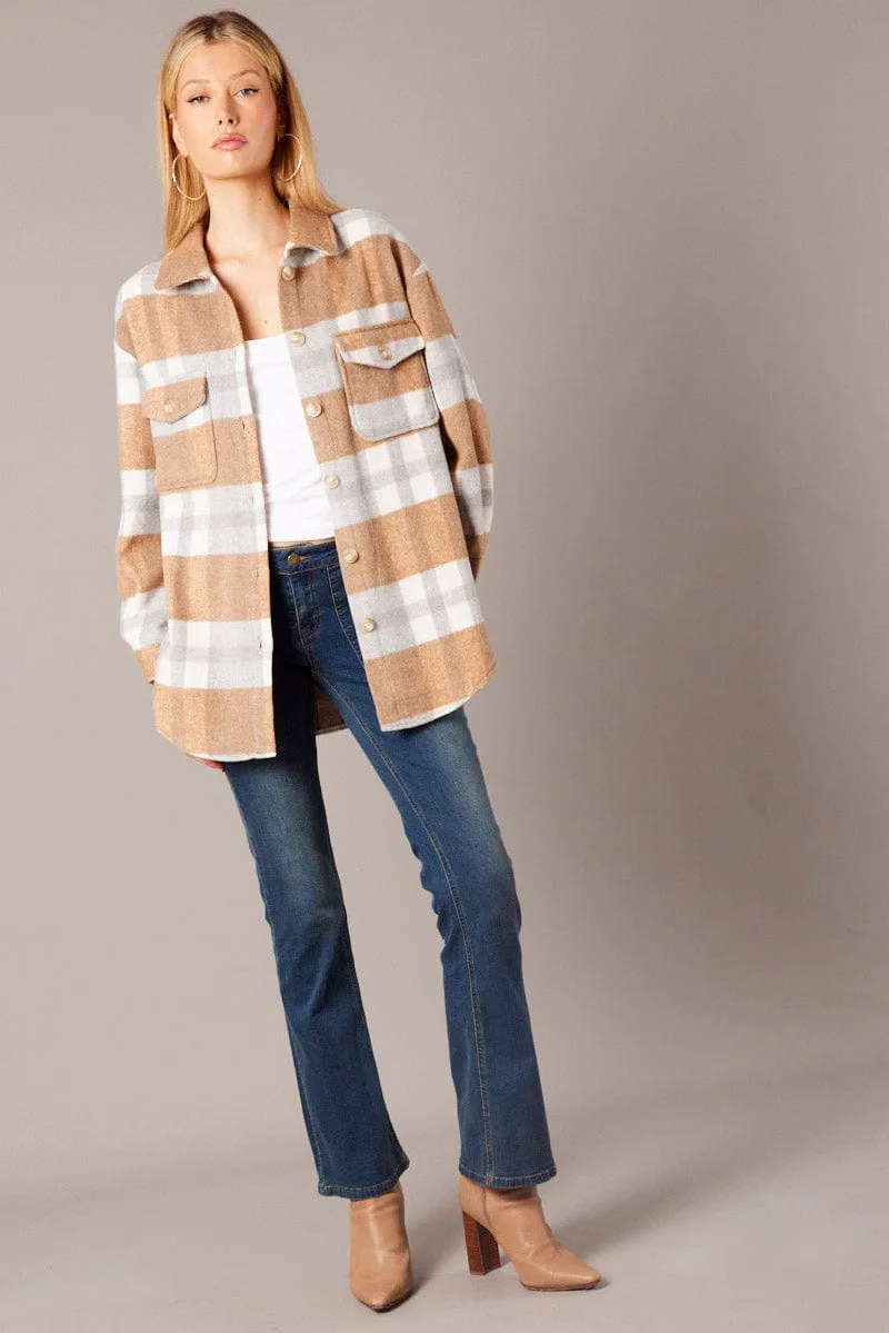 Beige Check Relaxed Shirt Long Sleeve