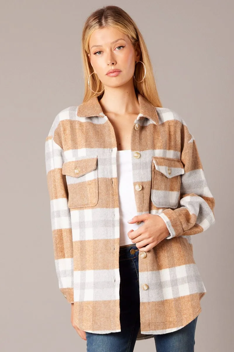 Beige Check Relaxed Shirt Long Sleeve