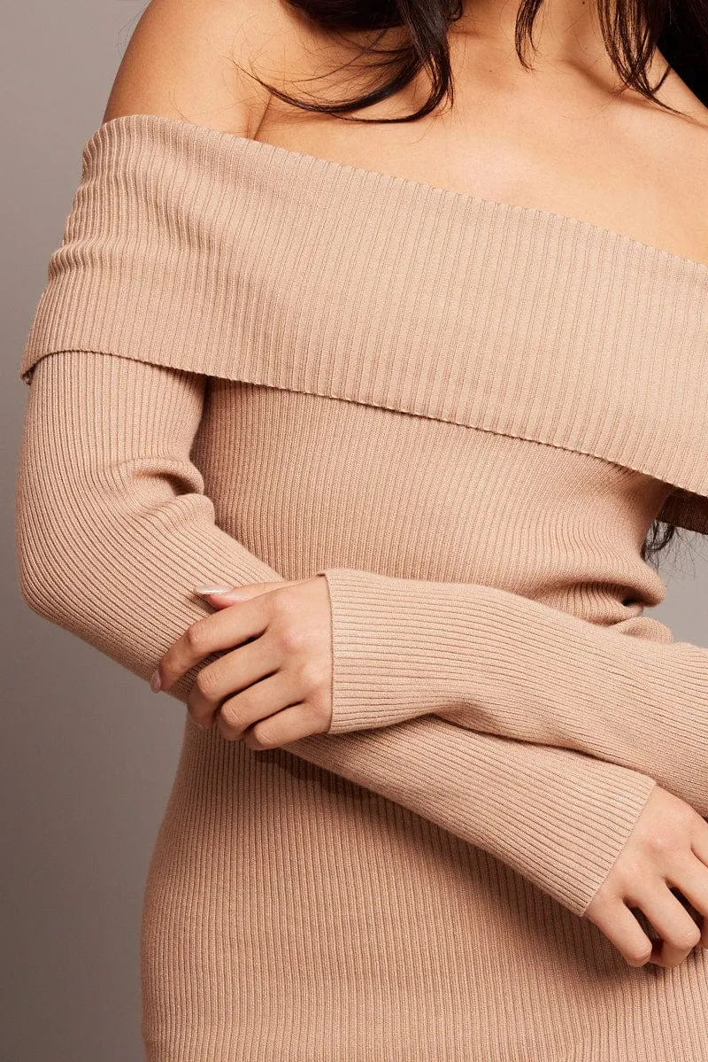 Beige Knit Dress Long Sleeve Mini