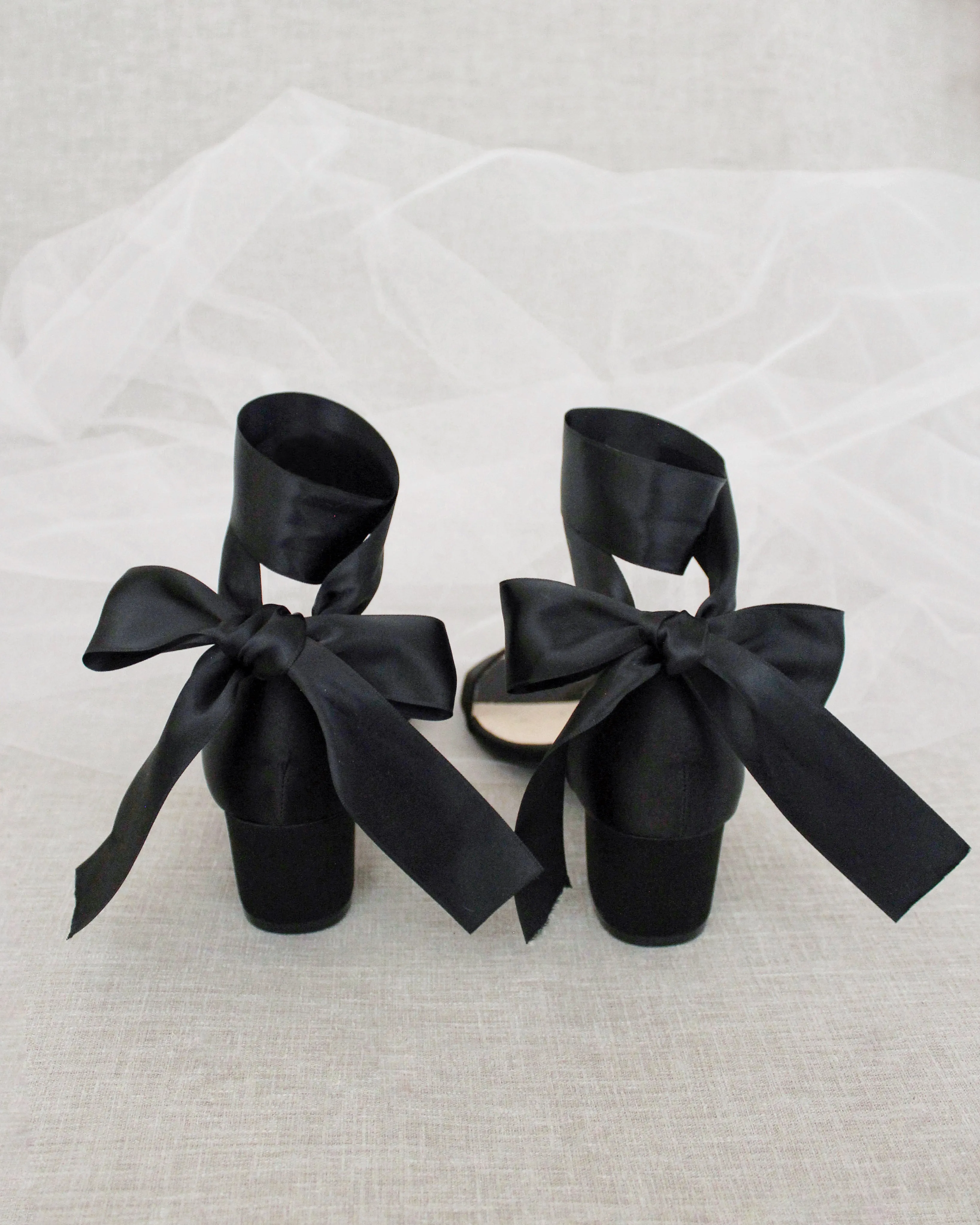 Black Satin Block Heel Sandal with Wrapped Satin Tie