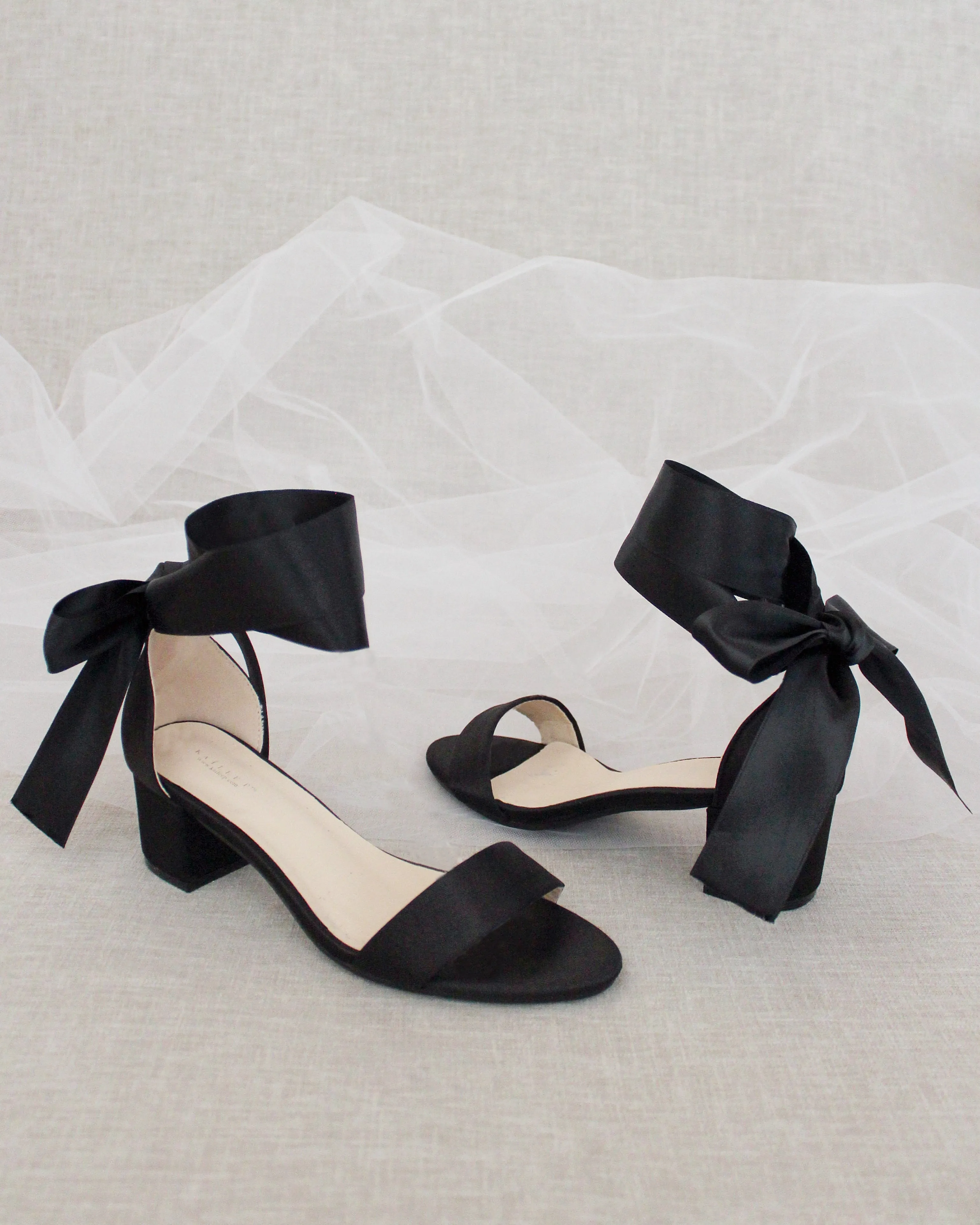 Black Satin Block Heel Sandal with Wrapped Satin Tie