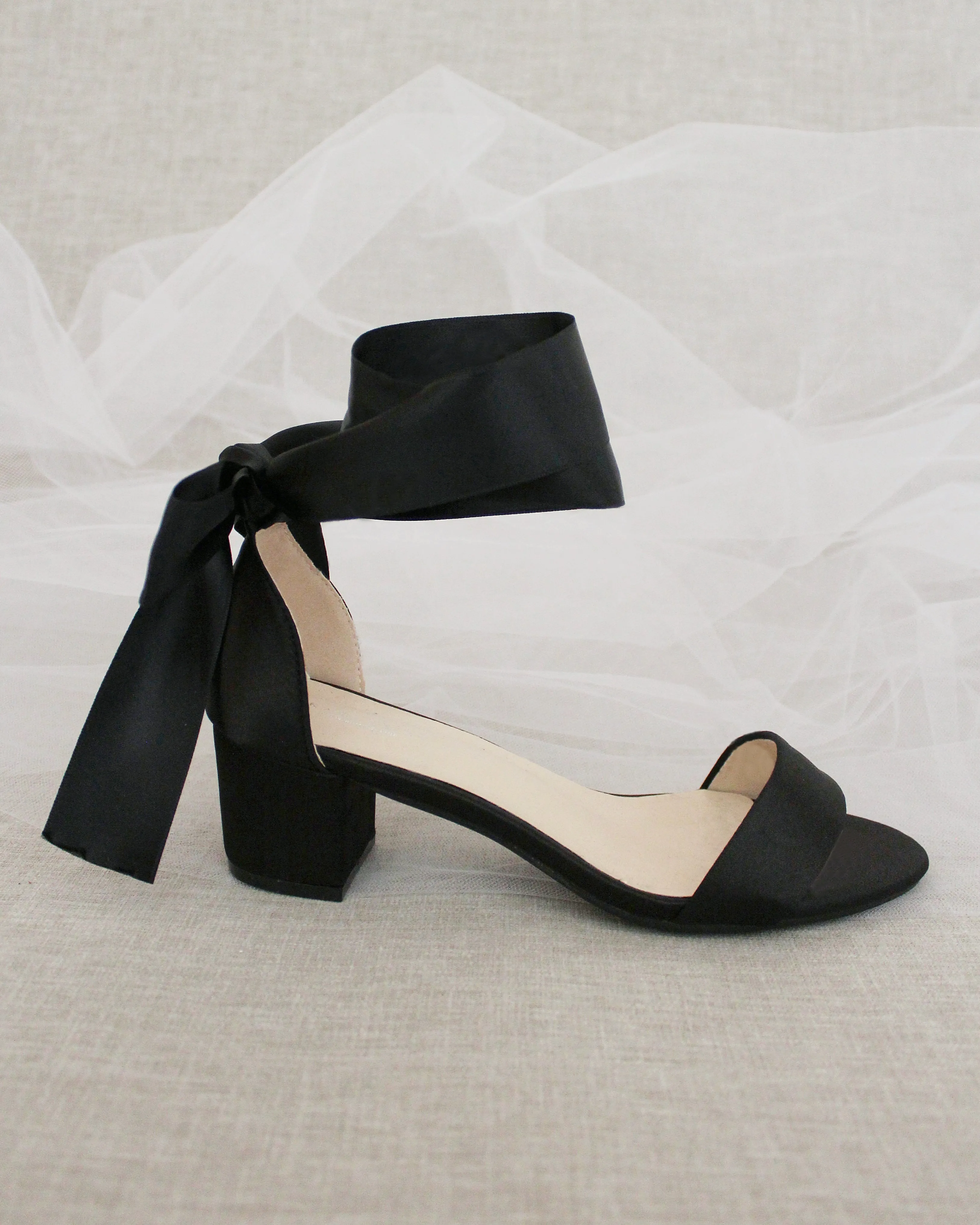 Black Satin Block Heel Sandal with Wrapped Satin Tie