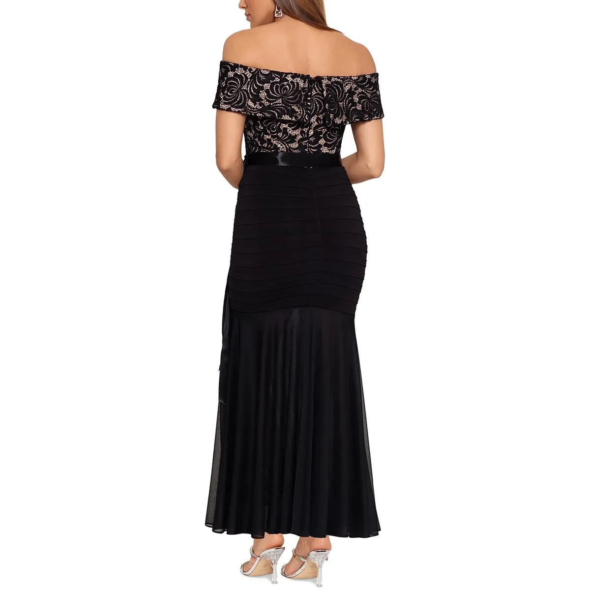 Blondie Nites Womens Petites Lace Off-The-Shoulder Evening Dress