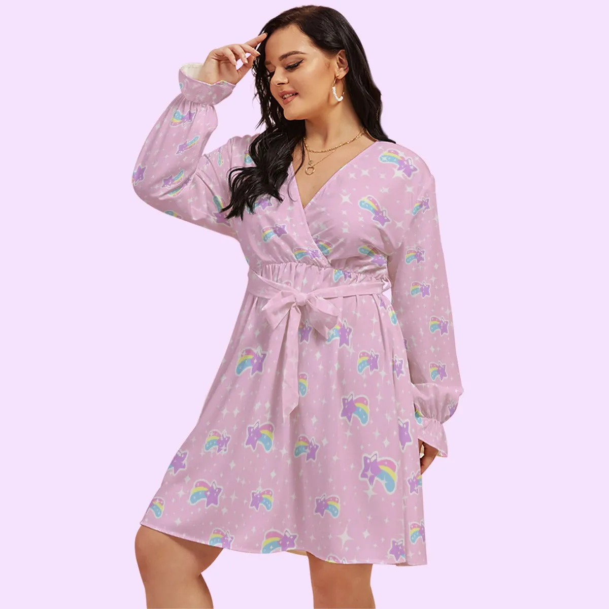 Bubblegum Bunny Shooting Stars Women's V-Neck Long Sleeve Dress With Waistband