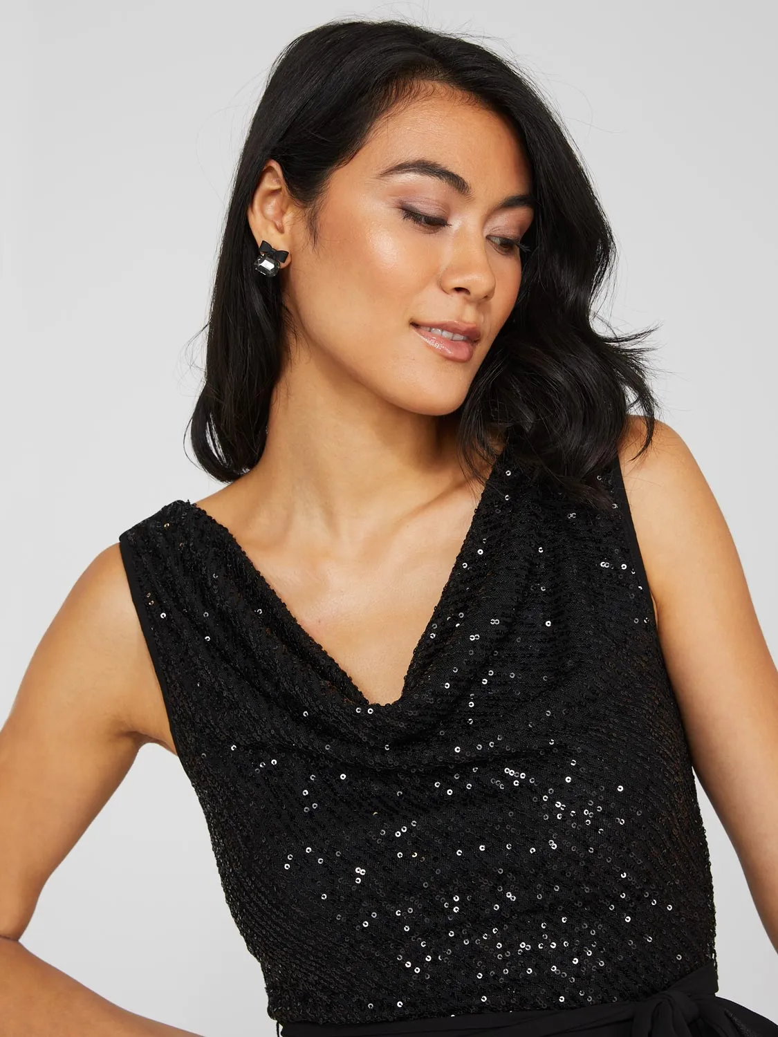 Cowl Neck Sequin Fit & Flare Dress