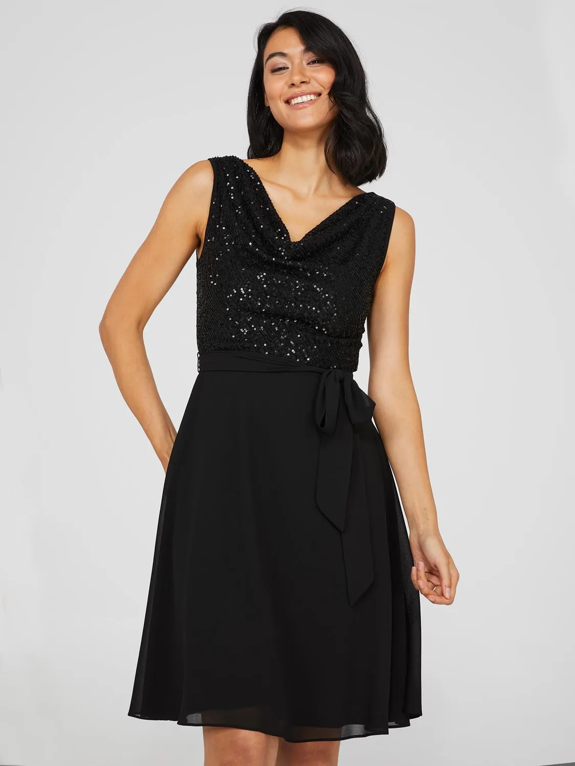 Cowl Neck Sequin Fit & Flare Dress