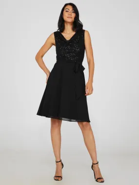 Cowl Neck Sequin Fit & Flare Dress