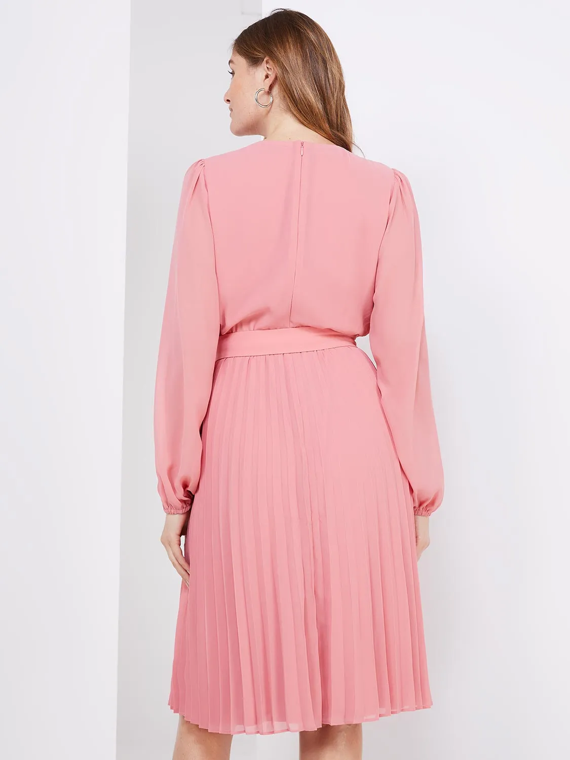 Crossover Belted Midi Dress With Pleated Skirt