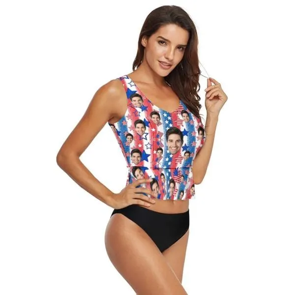 Custom Face Striped Flag V-Neck Tankini For Women 2 Pieces Swimsuit