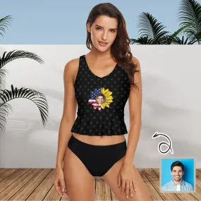 Custom Face Sunflower Flag V-Neck Tankini For Women 2 Pieces Swimsuit