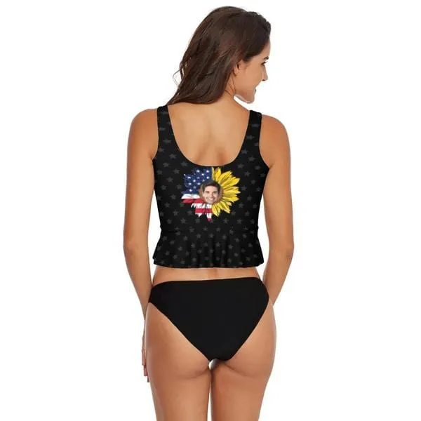 Custom Face Sunflower Flag V-Neck Tankini For Women 2 Pieces Swimsuit