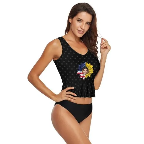 Custom Face Sunflower Flag V-Neck Tankini For Women 2 Pieces Swimsuit