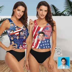 Custom Face USA Flag Print V-Neck Tankini For Women 2 Pieces Swimsuit