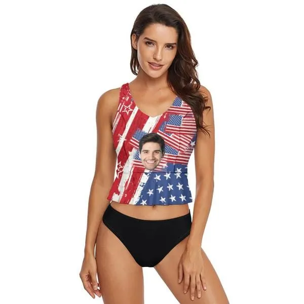 Custom Face USA Flag Print V-Neck Tankini For Women 2 Pieces Swimsuit