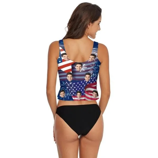 Custom Face USA Flag Print V-Neck Tankini For Women 2 Pieces Swimsuit