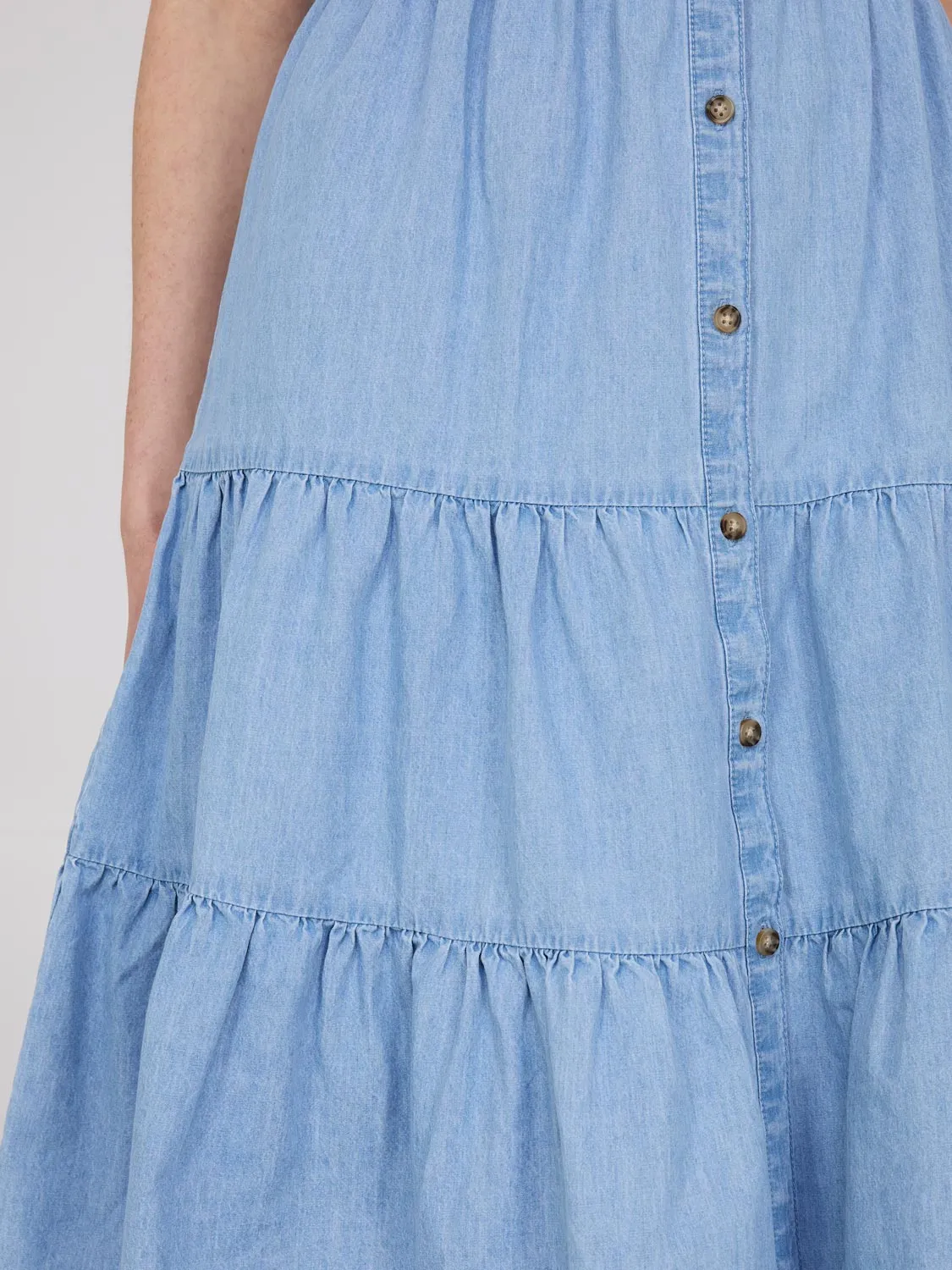 Denim Button-Front Tiered Dress