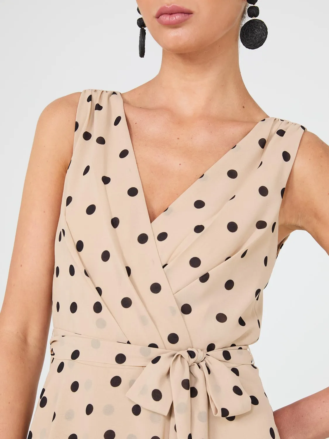 Dot Print Crossover Chiffon Midi Dress