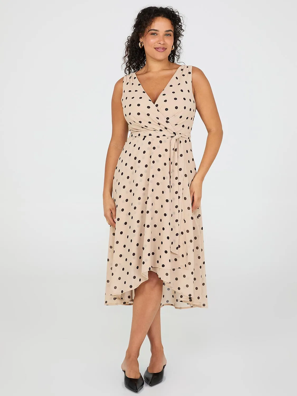 Dot Print Crossover Chiffon Midi Dress