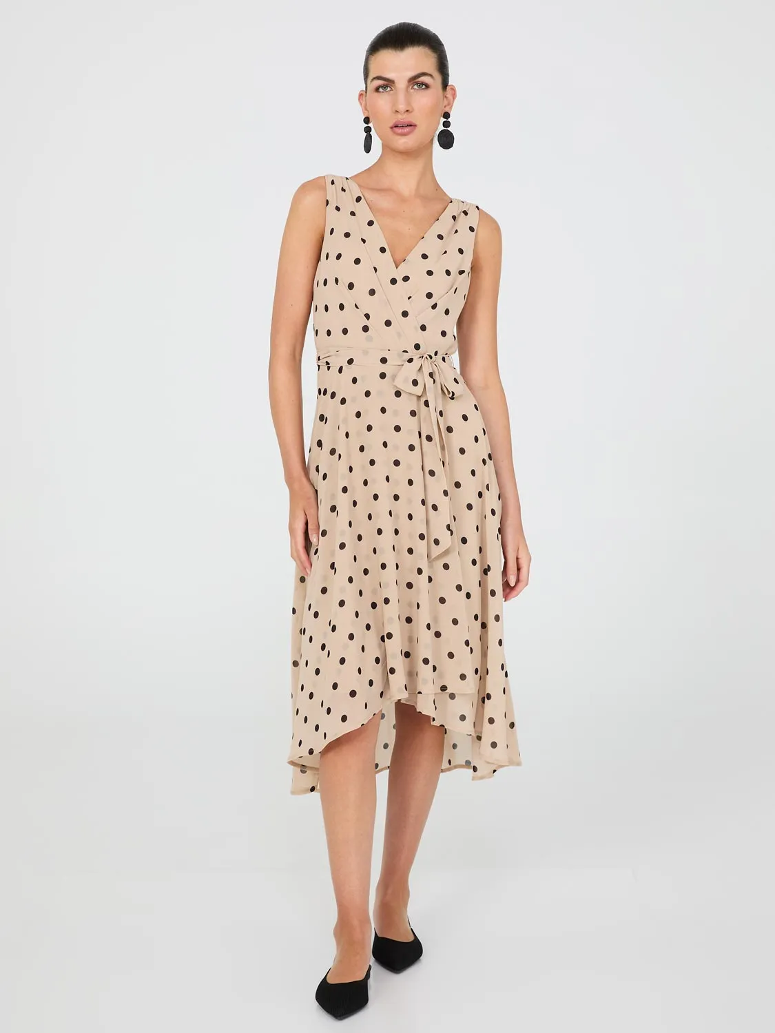 Dot Print Crossover Chiffon Midi Dress