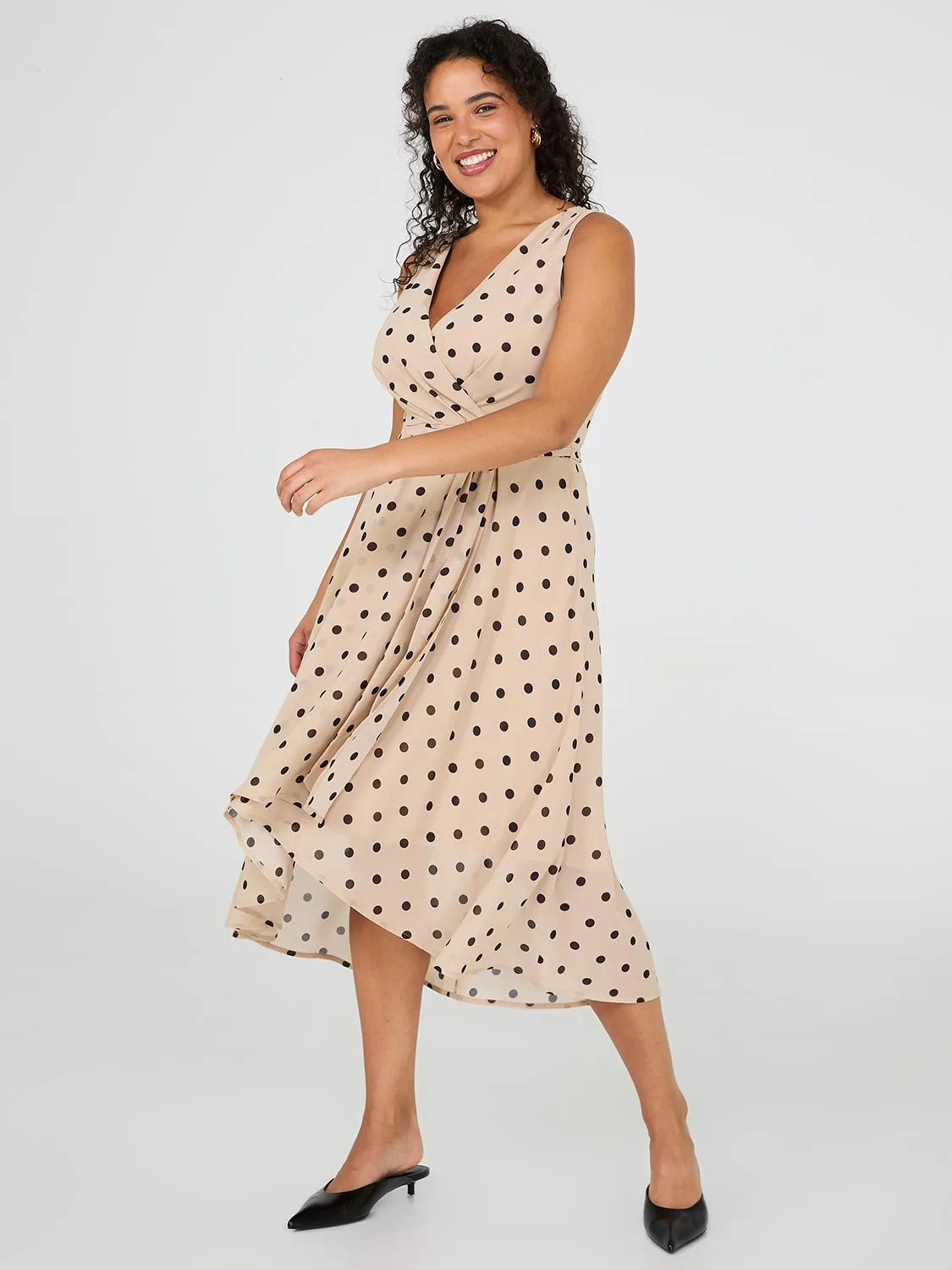 Dot Print Crossover Chiffon Midi Dress