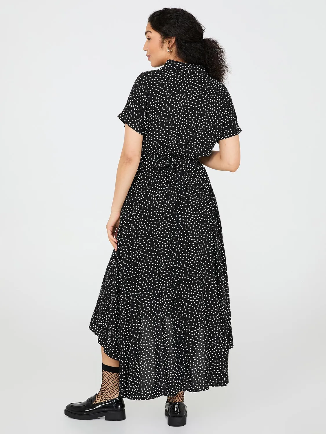 Dot Print High-Low Maxi Shirt Dress