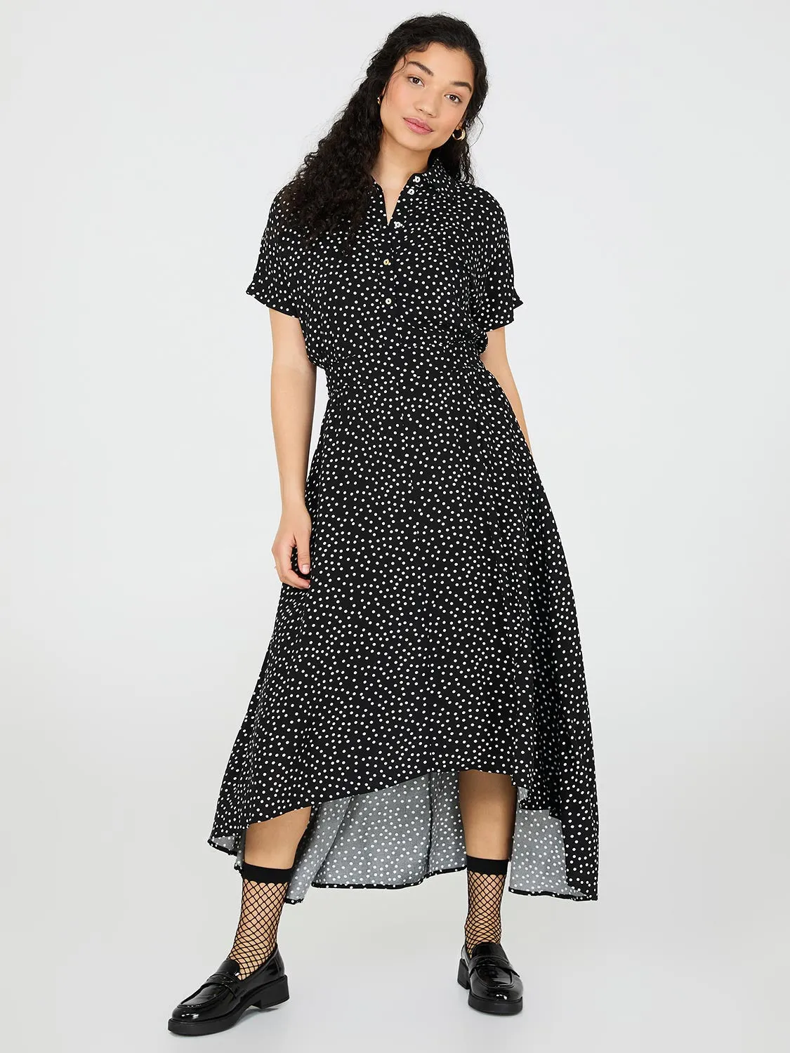 Dot Print High-Low Maxi Shirt Dress