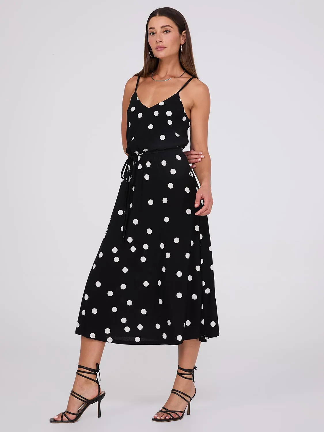 Dot Print Spaghetti Strap Midi Dress