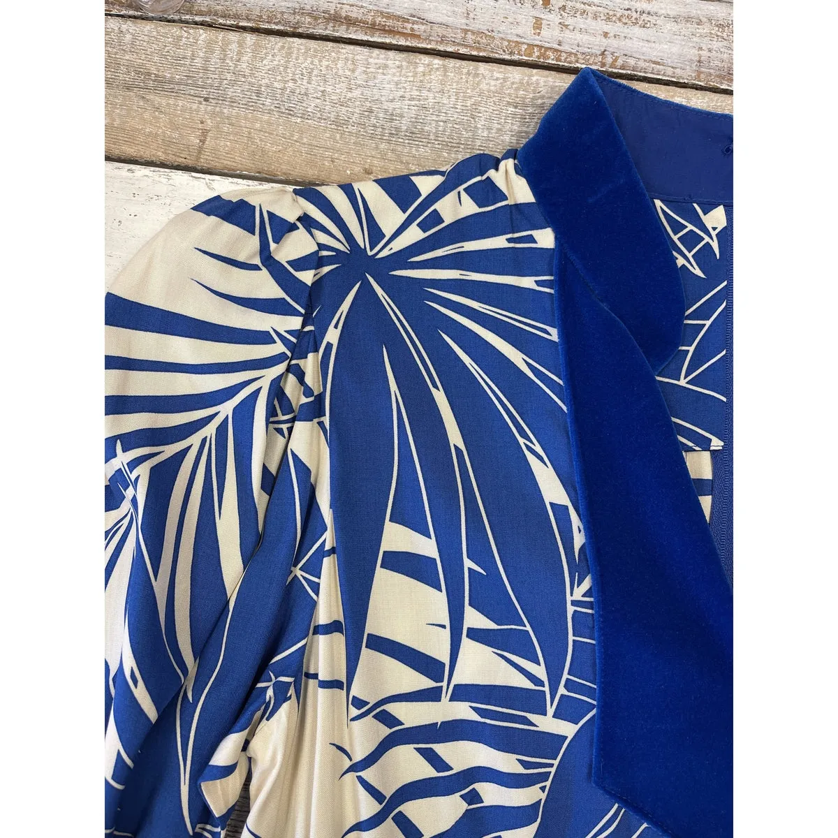 Hawaiian Muumuu Dress with Blue Velvet Trim | Palm Leaf Print 2656