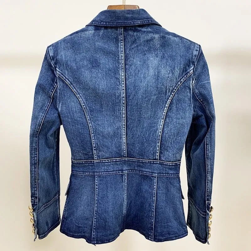 Lion Buttons Denim Blazer Women - Casual - Plain-Solid