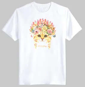 Kitty Cat in a Floral Feather Headdress Graphic Print Tee T-Shirt for Women