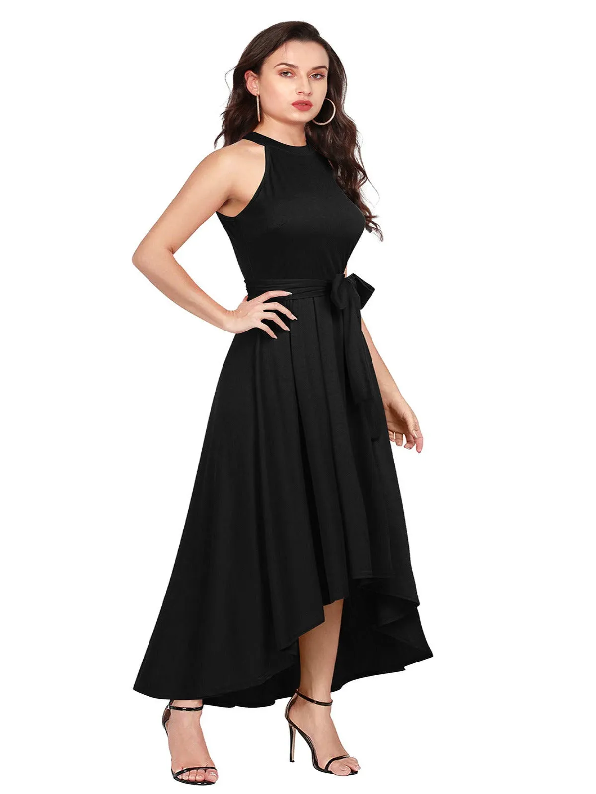 Odette Black Polyester High Low Dress For Women