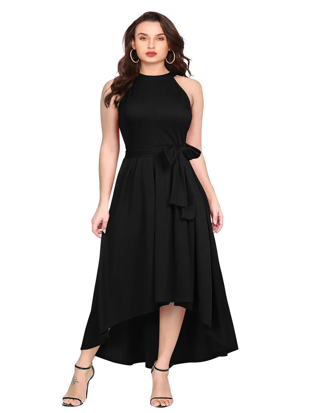 Odette Black Polyester High Low Dress For Women