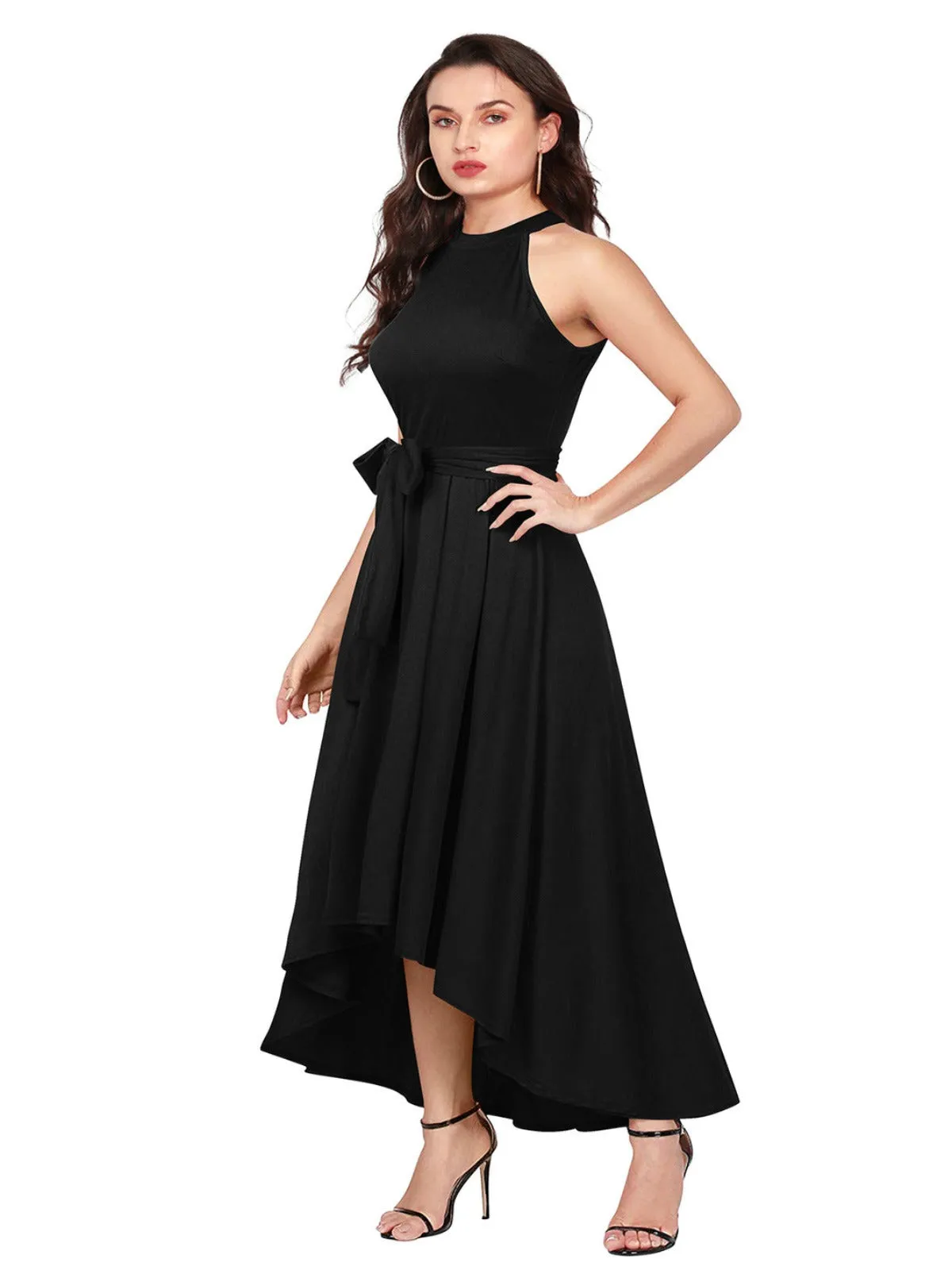 Odette Black Polyester High Low Dress For Women