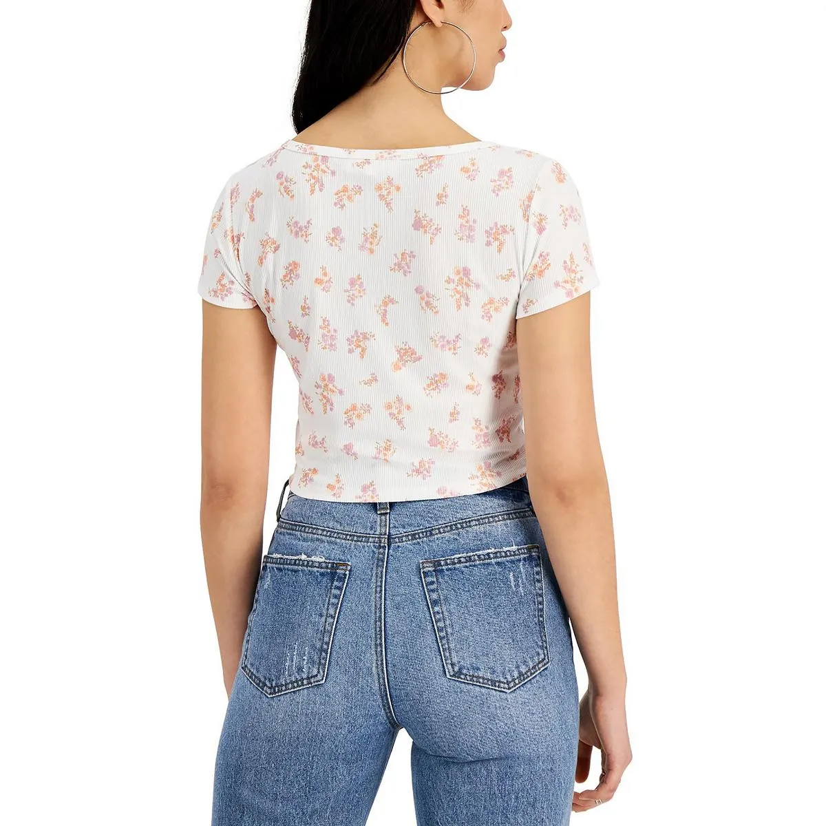 Pink Rose Womens Juniors Ribbed Floral Cropped