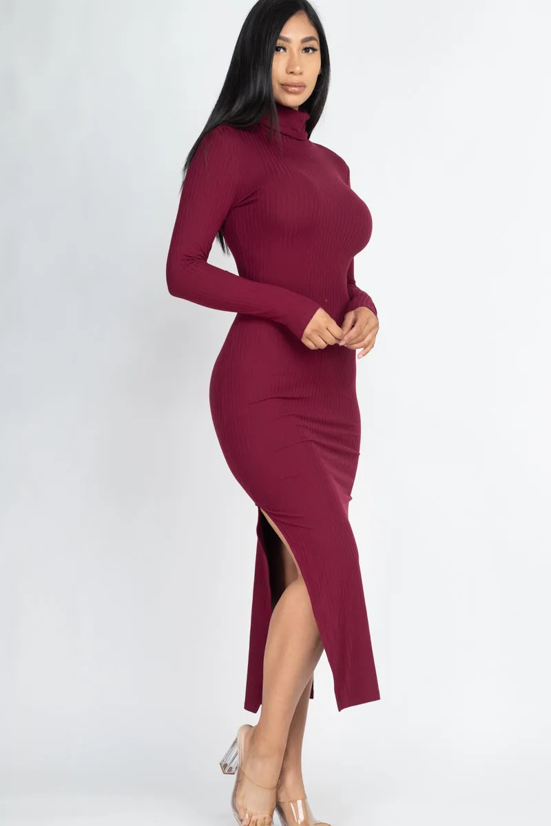 Ribbed Turtle Neck Side Slit Maxi Dress