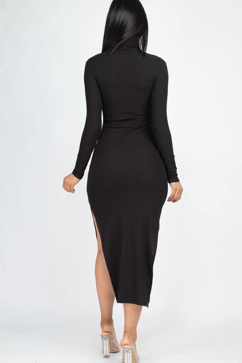 Ribbed Turtle Neck Side Slit Maxi Dress