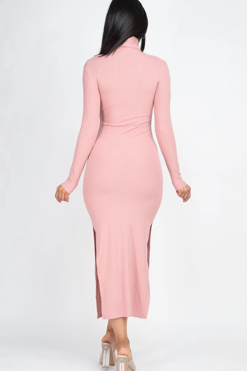 Ribbed Turtle Neck Side Slit Maxi Dress