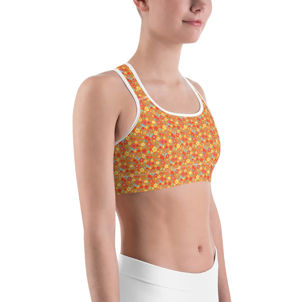 Spring Floral Orange Sports Bra for women, Workout Bra, Athletic Bras