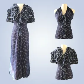 Vintage Polka Dot Sundress and Capelet by Phyllis Sues for Saks Fifth Avenue. Navy Blue and White