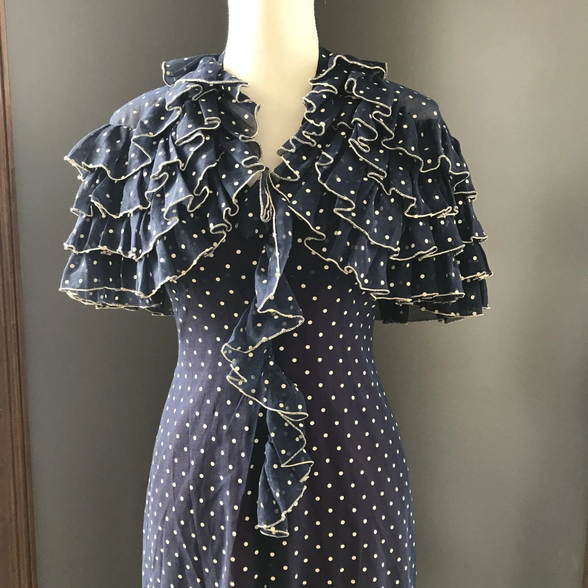 Vintage Polka Dot Sundress and Capelet by Phyllis Sues for Saks Fifth Avenue. Navy Blue and White