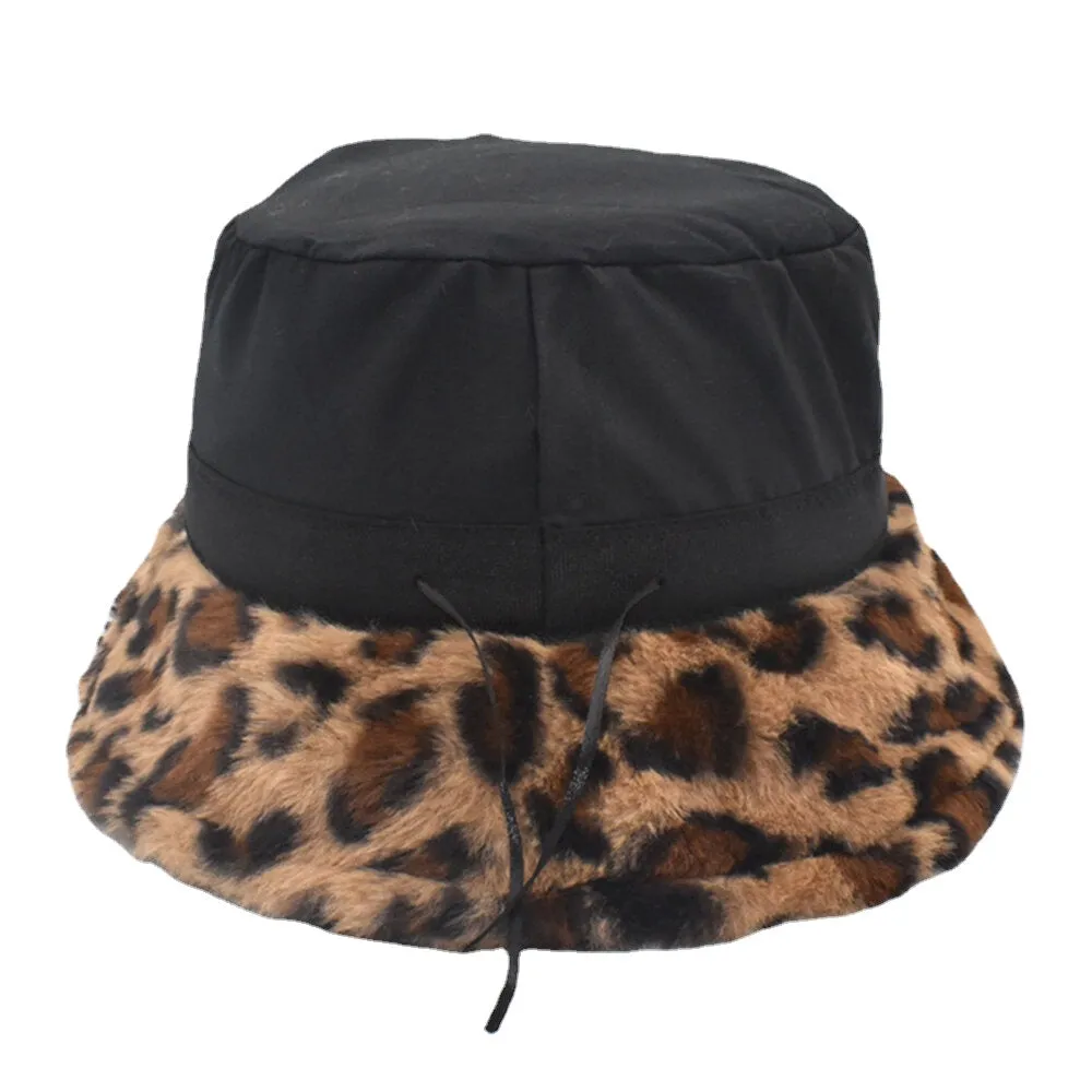 Women Lamb Hair Warm Soft Leopard Pattern Casual Personality Bucket Hat